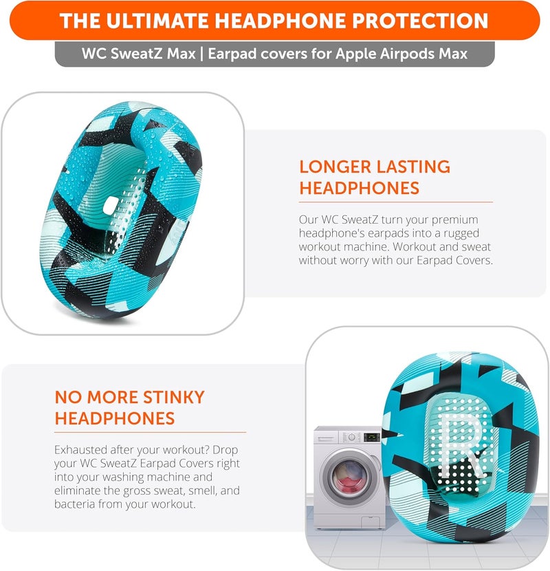 WC SweatZ Max - Patented Protective Earpad Covers for Airpods Max Made by Wicked Cushions | Sweatproof & Easily Washable | Full Earpad Sweat Protection | Cyan Prism - Image 2
